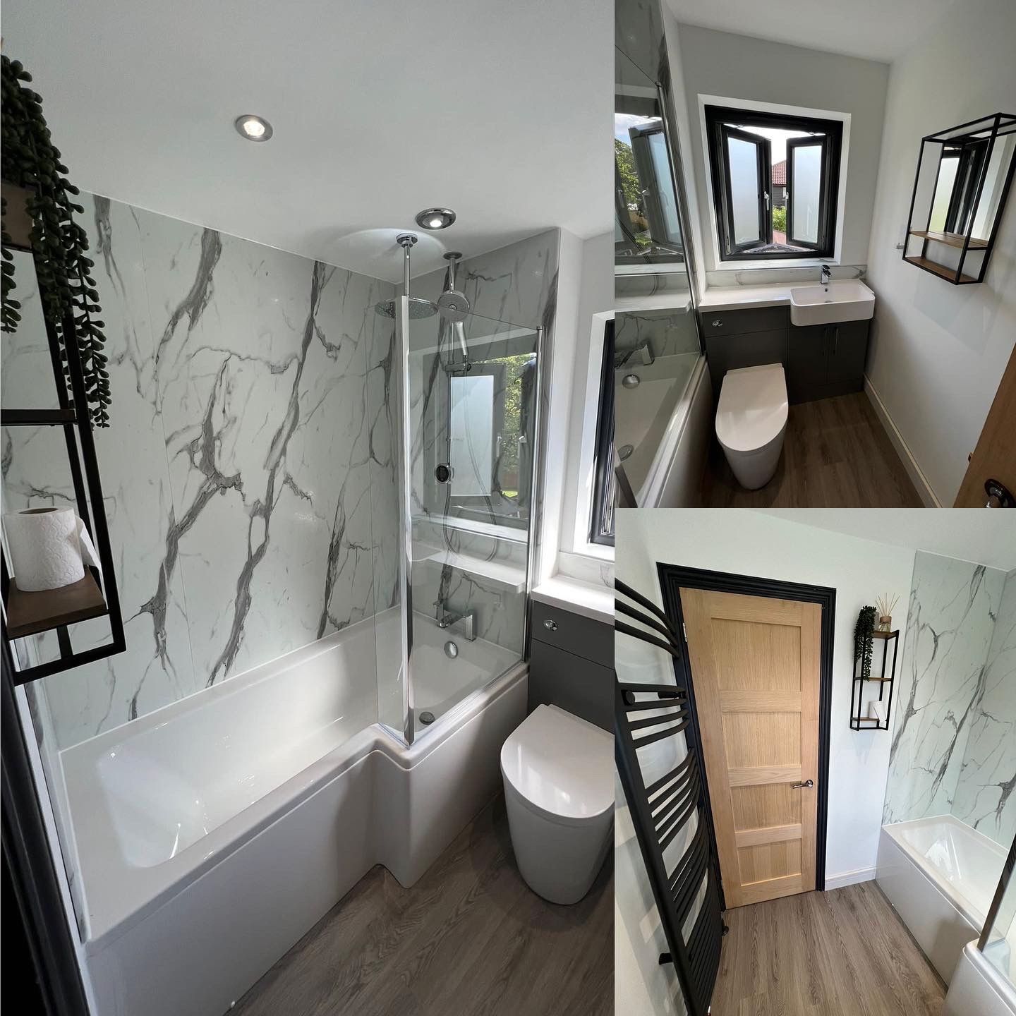 Marble-effect family bathroom - bath with screen, grey vanity and oak door